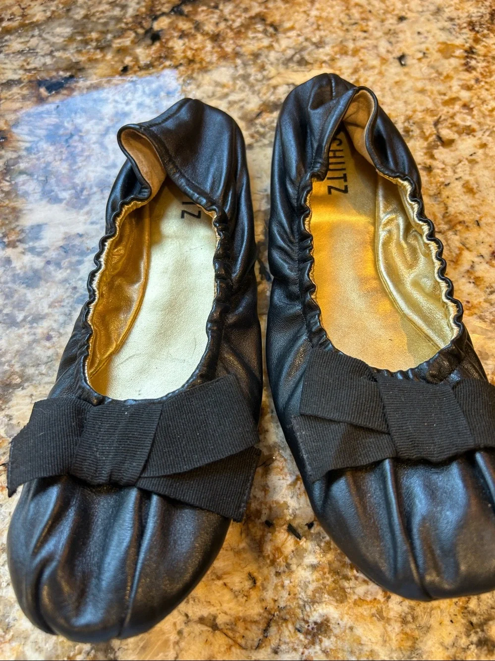 SCHUTZ Black Leather Bow Ballet Flats with Gold Insole 8.5B